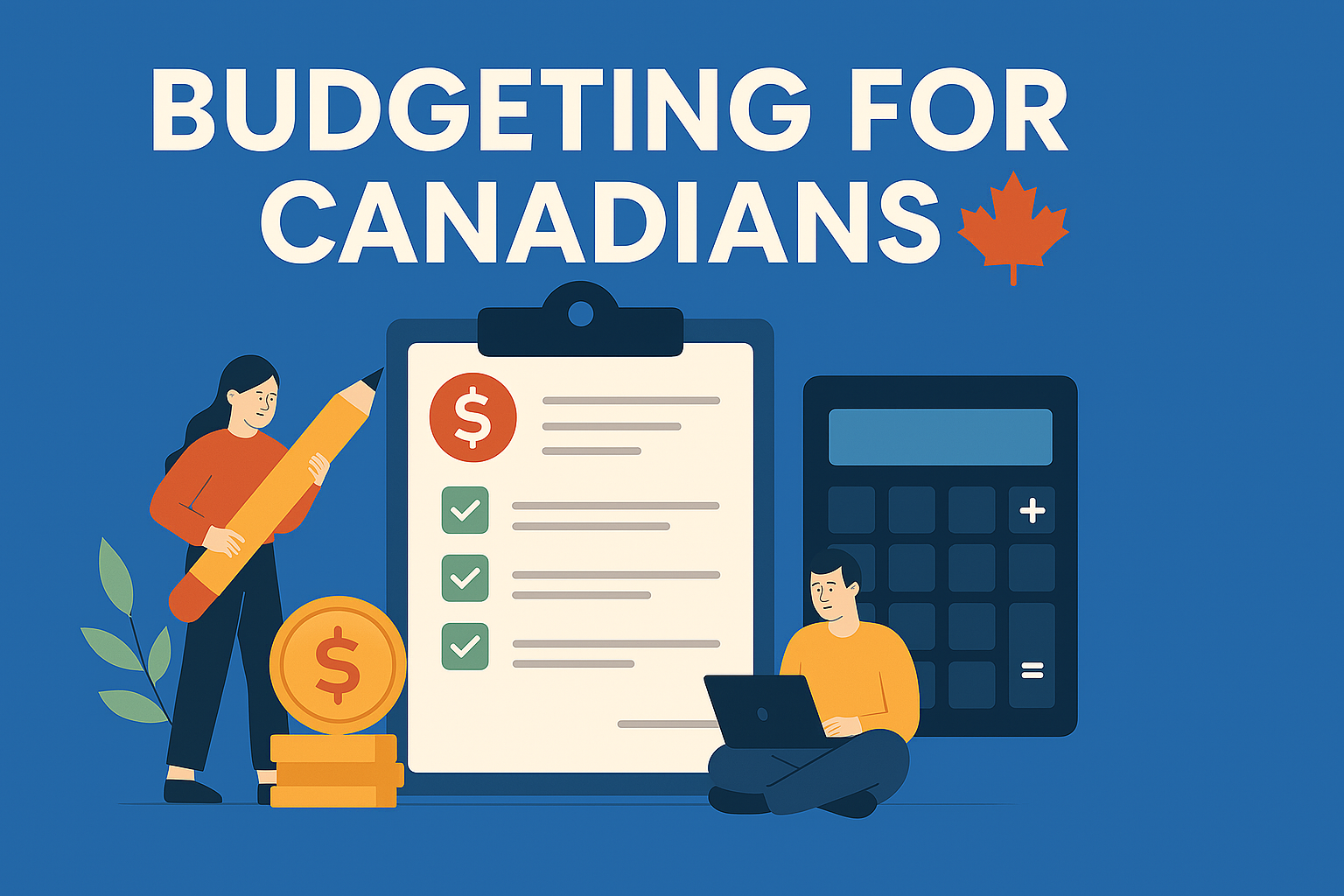 Illustration of two Canadians and assets and charts related to budgeting for Canadians