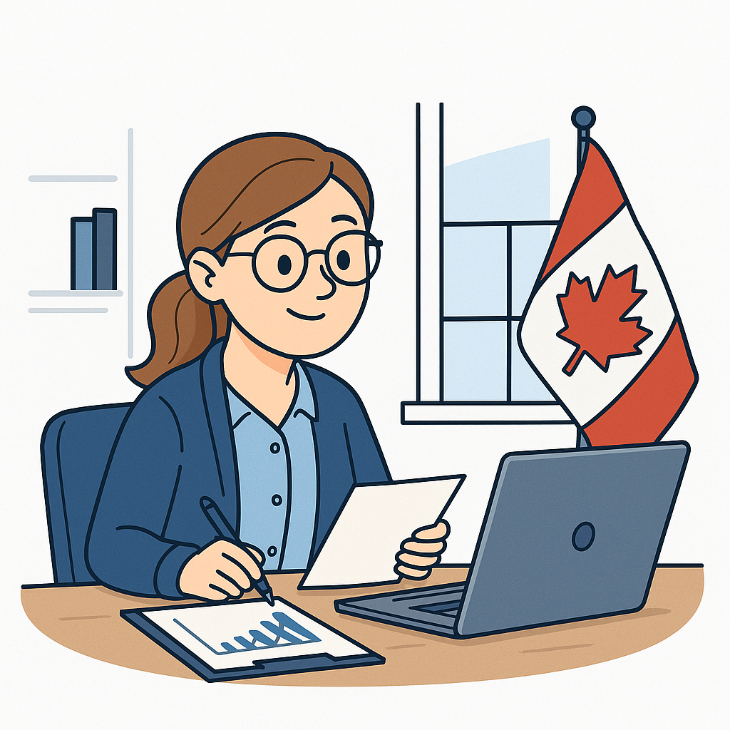 Illustration of a Canadian woman sitting inf fron of her laptop with pen and paper doing her finances, with a Canadian flag, books and a window in the background.