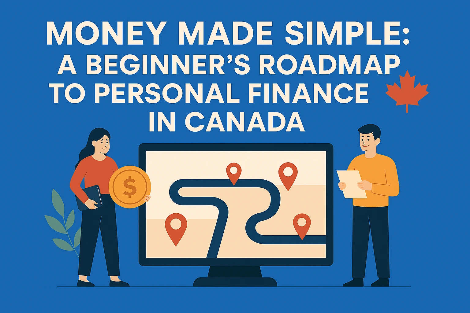 Illustration of Canadians looking at a roadmap of personal finance in Canada, money made simple