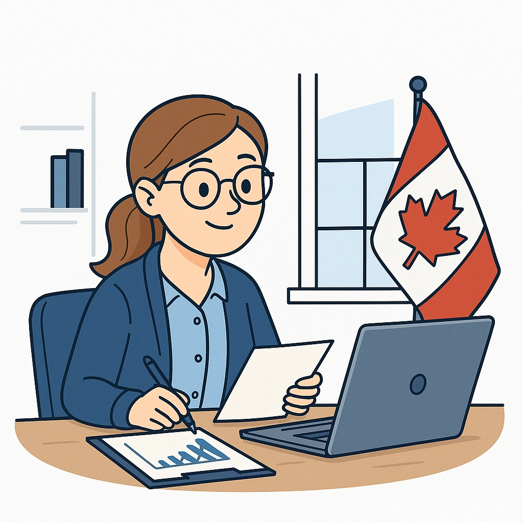 Hero image, a woman sitting with her laptop and a tablet, working on her finance. Canadian flag and books in the background