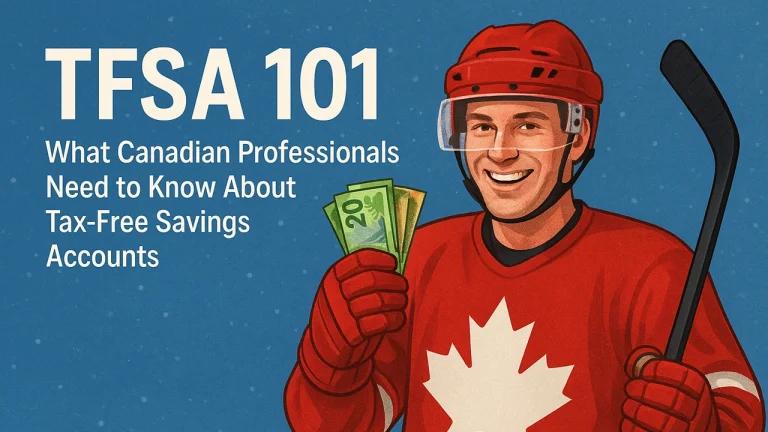 Article image showing a Canadian hockey player holding money, with text TFSA 101, What Canadian Professionals Need to Know About Tax-Free Savings Accounts