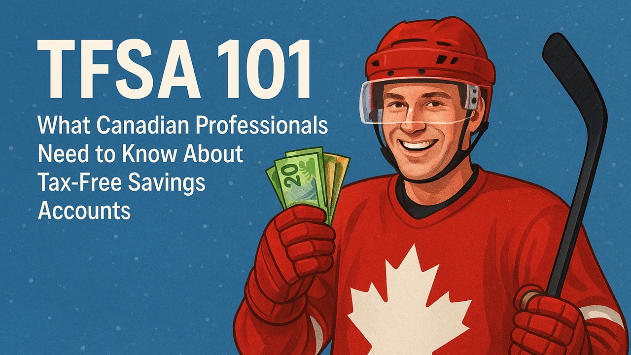 Article image showing a Canadian hockey player holding money, with text TFSA 101, What Canadian Professionals Need to Know About Tax-Free Savings Accounts